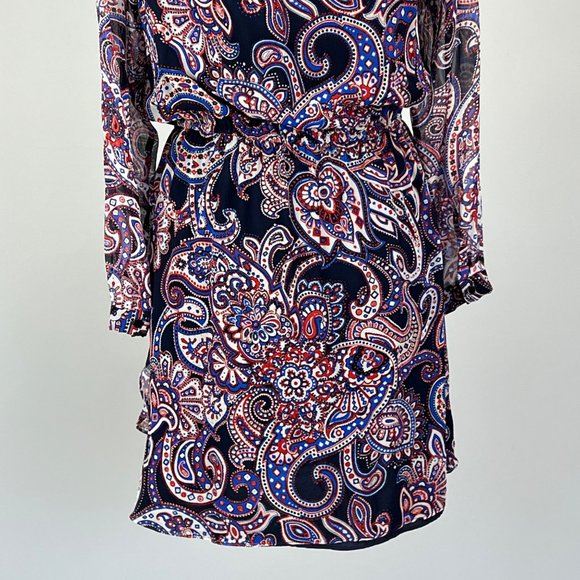 Shoshanna Silk Paisley Long Sleeve Ruffled Dress Red Blue Black size 4 - Picture 9 of 12